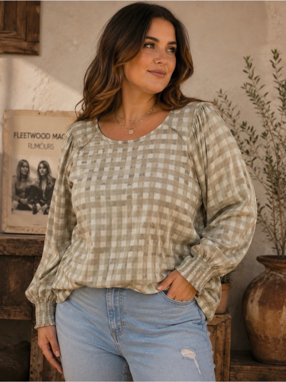 Ava & Viv Mint Green Taupe Long Sleeve Blouse Top 1X